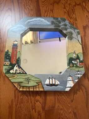 Hand Painted Coastal Lighthouse Mirror 18x18 Nautical Folk Art Wall Decor EUC